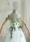 Fairy Off-Shoulder Tulle A-Line Wedding Dress with Green Ivy Leaf Embroidery and Corset Back