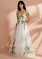 Fairy Off-Shoulder Tulle A-Line Wedding Dress with Green Ivy Leaf Embroidery and Corset Back