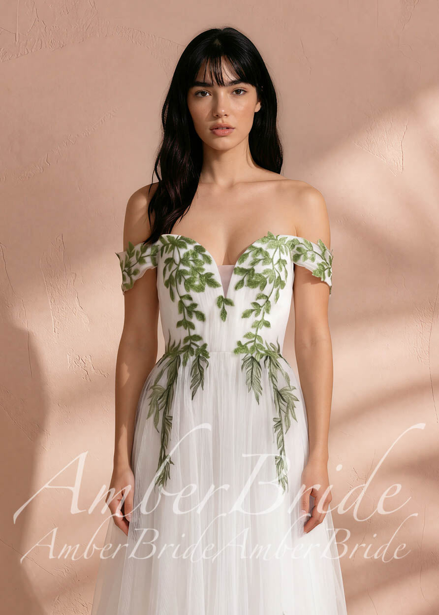 Fairy Off-Shoulder Tulle A-Line Wedding Dress with Green Ivy Leaf Embroidery and Corset Back