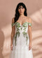 Fairy Off-Shoulder Tulle A-Line Wedding Dress with Green Ivy Leaf Embroidery and Corset Back