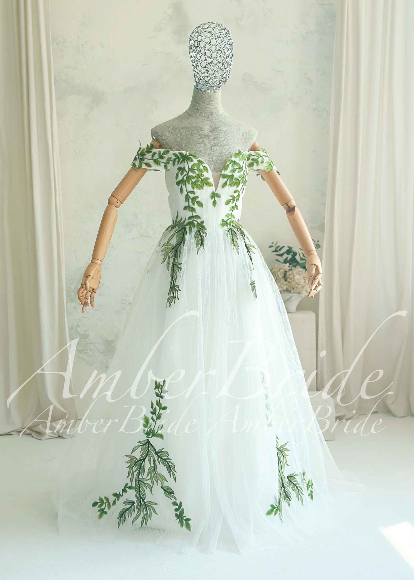 Fairy Off-Shoulder Tulle A-Line Wedding Dress with Green Ivy Leaf Embroidery and Corset Back