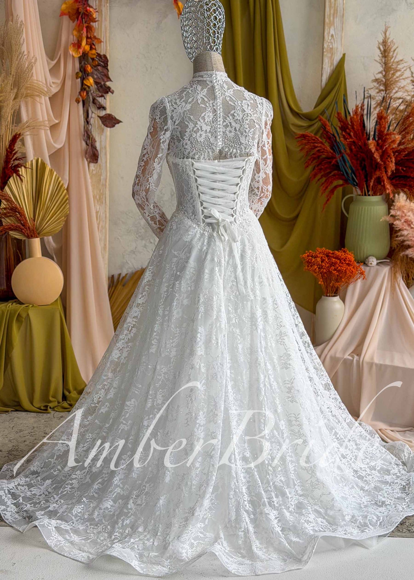 Full Lace A-Line Wedding Dress with Detachable Long Sleeve High Neck Bolero