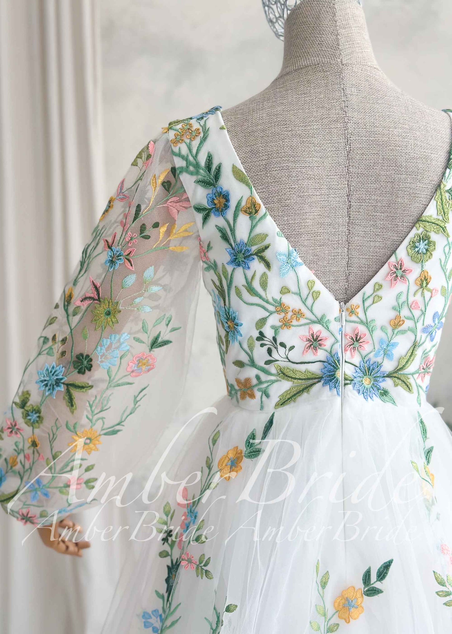 Fairy Tulle A-Line Wedding Dress with Pastel Wildflower Embroidery and Long Bishop Sleeves