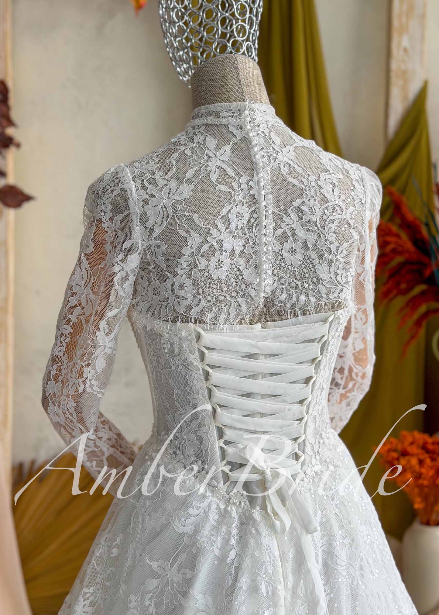 Full Lace A-Line Wedding Dress with Detachable Long Sleeve High Neck Bolero