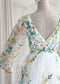 Fairy Tulle A-Line Wedding Dress with Pastel Wildflower Embroidery and Long Bishop Sleeves