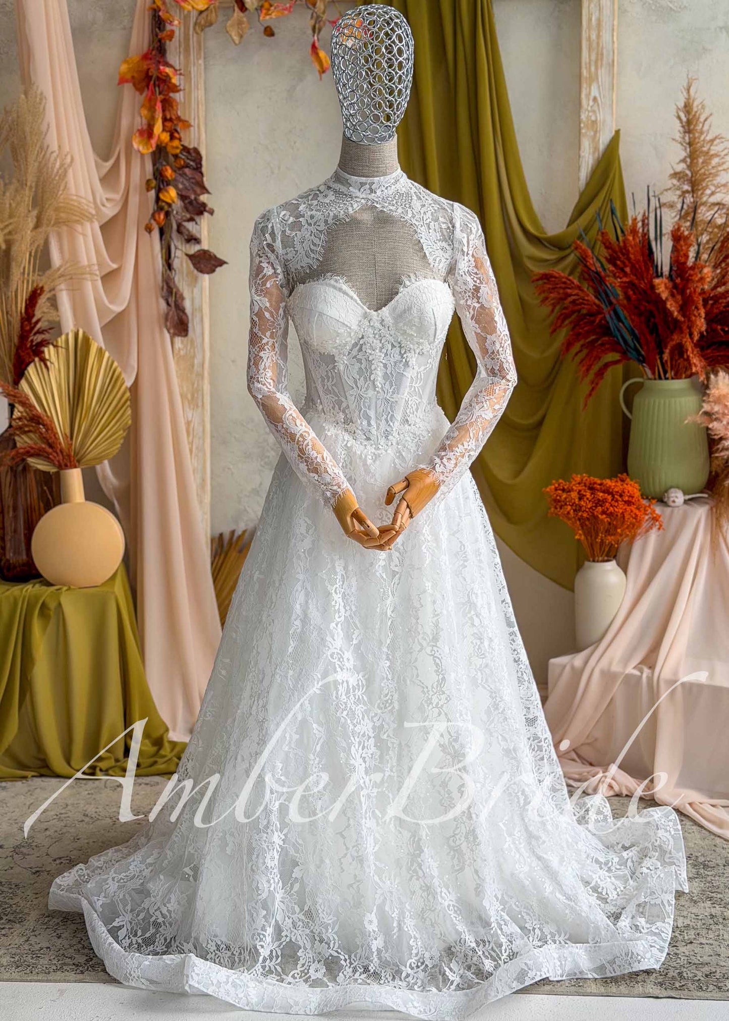 Full Lace A-Line Wedding Dress with Detachable Long Sleeve High Neck Bolero