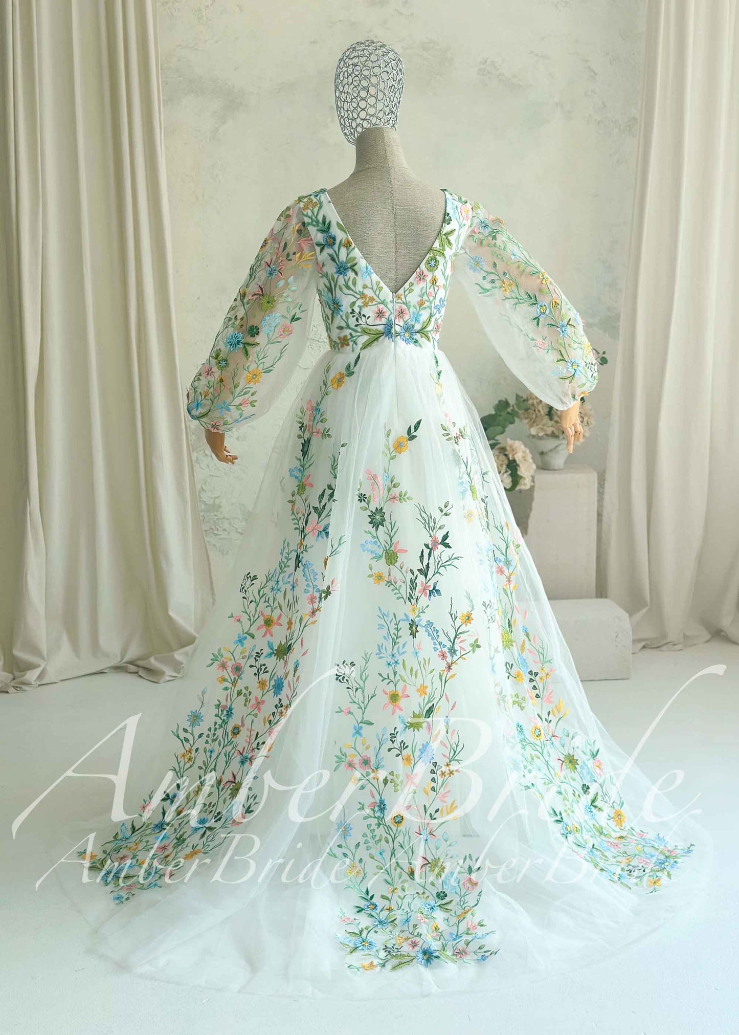 Fairy Tulle A-Line Wedding Dress with Pastel Wildflower Embroidery and Long Bishop Sleeves