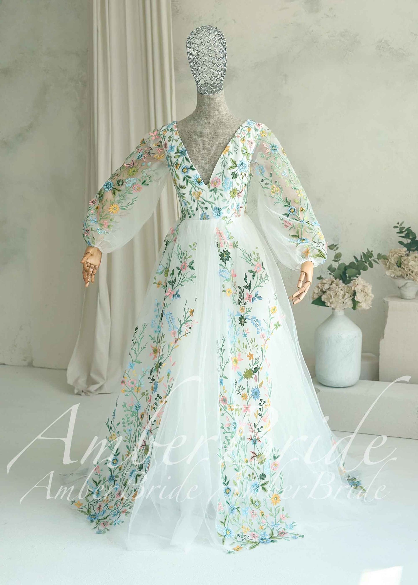 Fairy Tulle A-Line Wedding Dress with Pastel Wildflower Embroidery and Long Bishop Sleeves