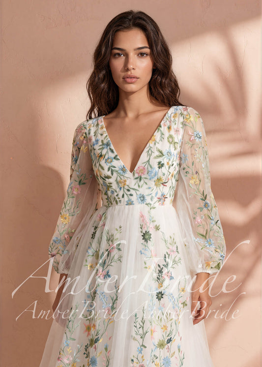 Fairy Tulle A-Line Wedding Dress with Pastel Wildflower Embroidery and Long Bishop Sleeves