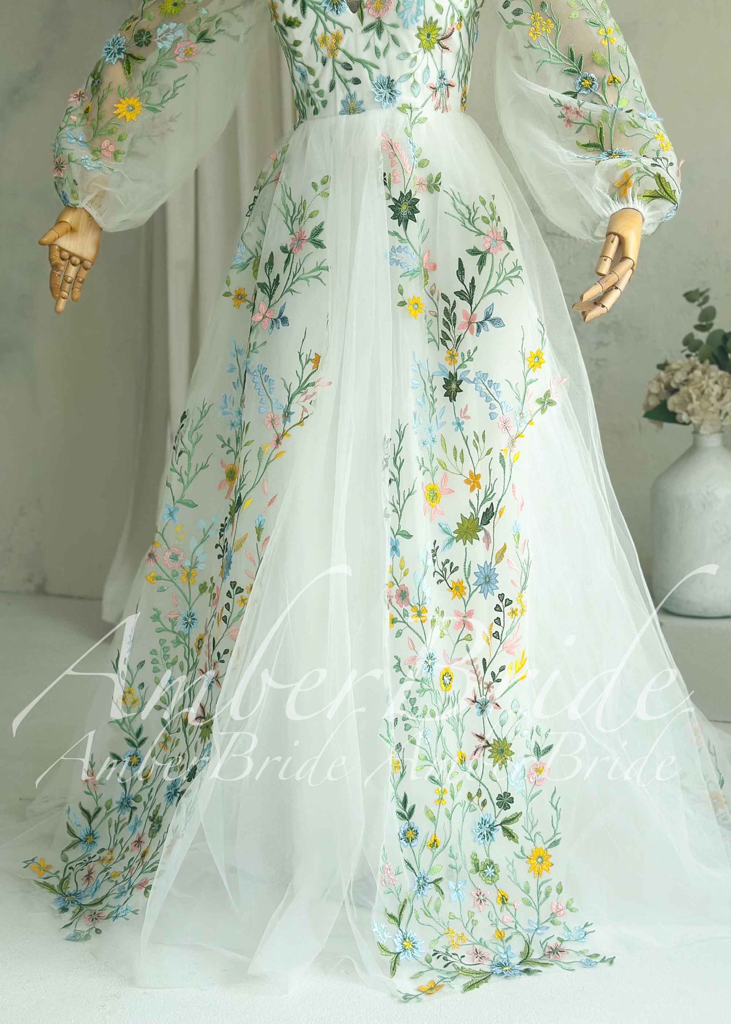 Fairy Tulle A-Line Wedding Dress with Pastel Wildflower Embroidery and Long Bishop Sleeves