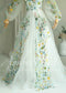 Fairy Tulle A-Line Wedding Dress with Pastel Wildflower Embroidery and Long Bishop Sleeves