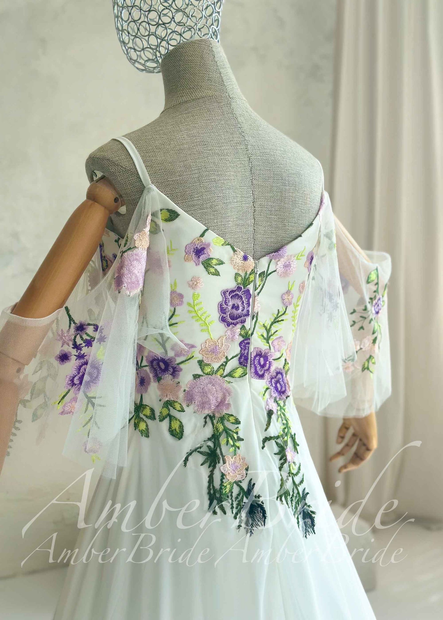 Fairy Off-White Chiffon A-Line Wedding Dress with Colorful Floral Embroidery and Off-Shoulder Straps