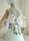 Fairy Off-White Chiffon A-Line Wedding Dress with Colorful Floral Embroidery and Off-Shoulder Straps