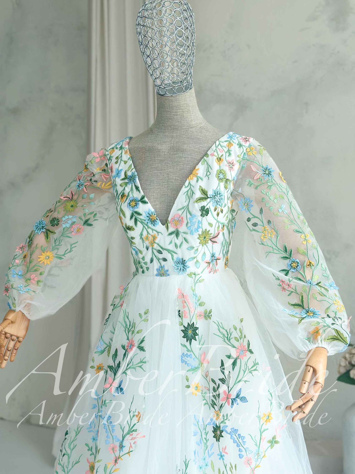 Fairy Tulle A-Line Wedding Dress with Pastel Wildflower Embroidery and Long Bishop Sleeves