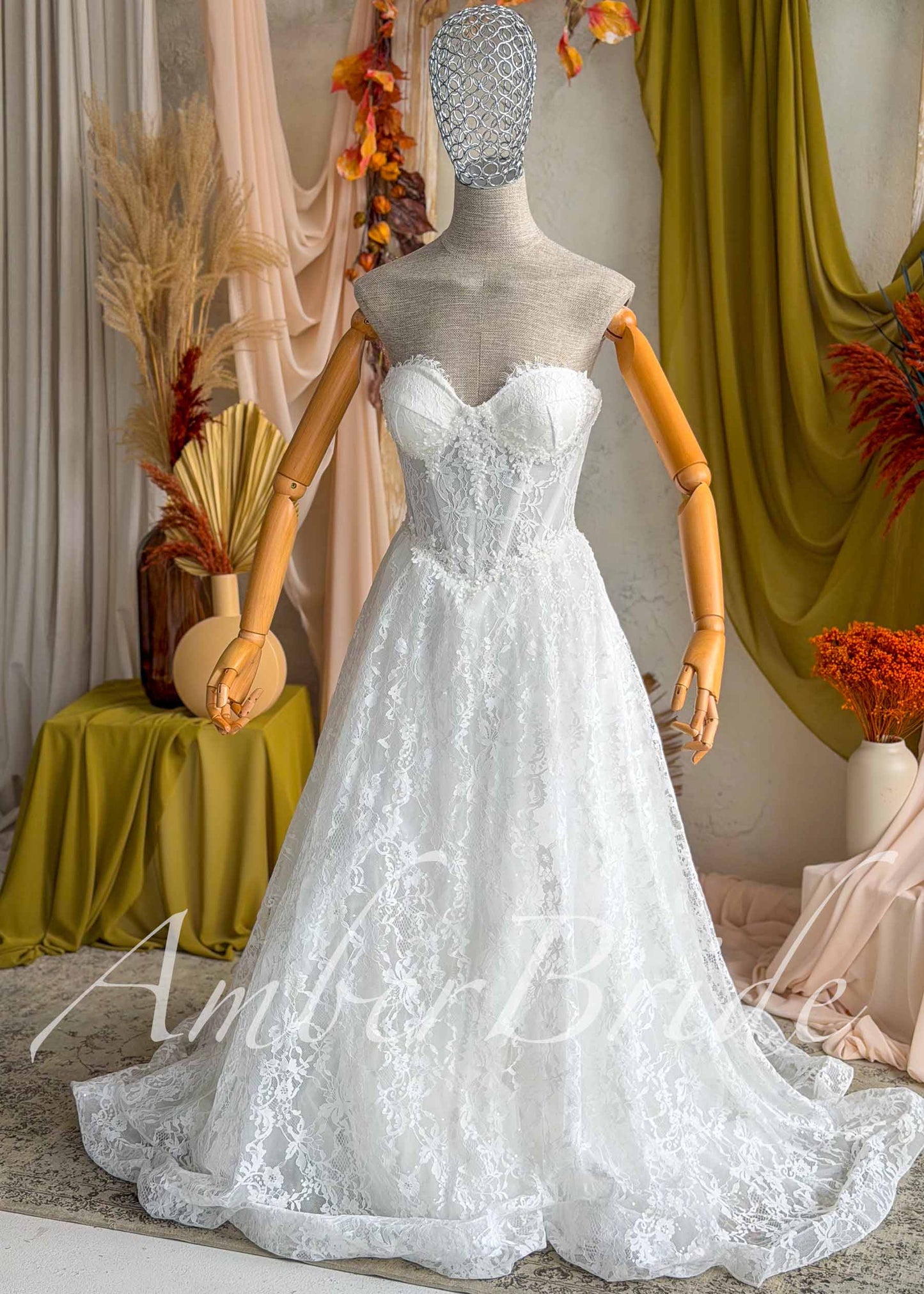 Full Lace A-Line Wedding Dress with Detachable Long Sleeve High Neck Bolero