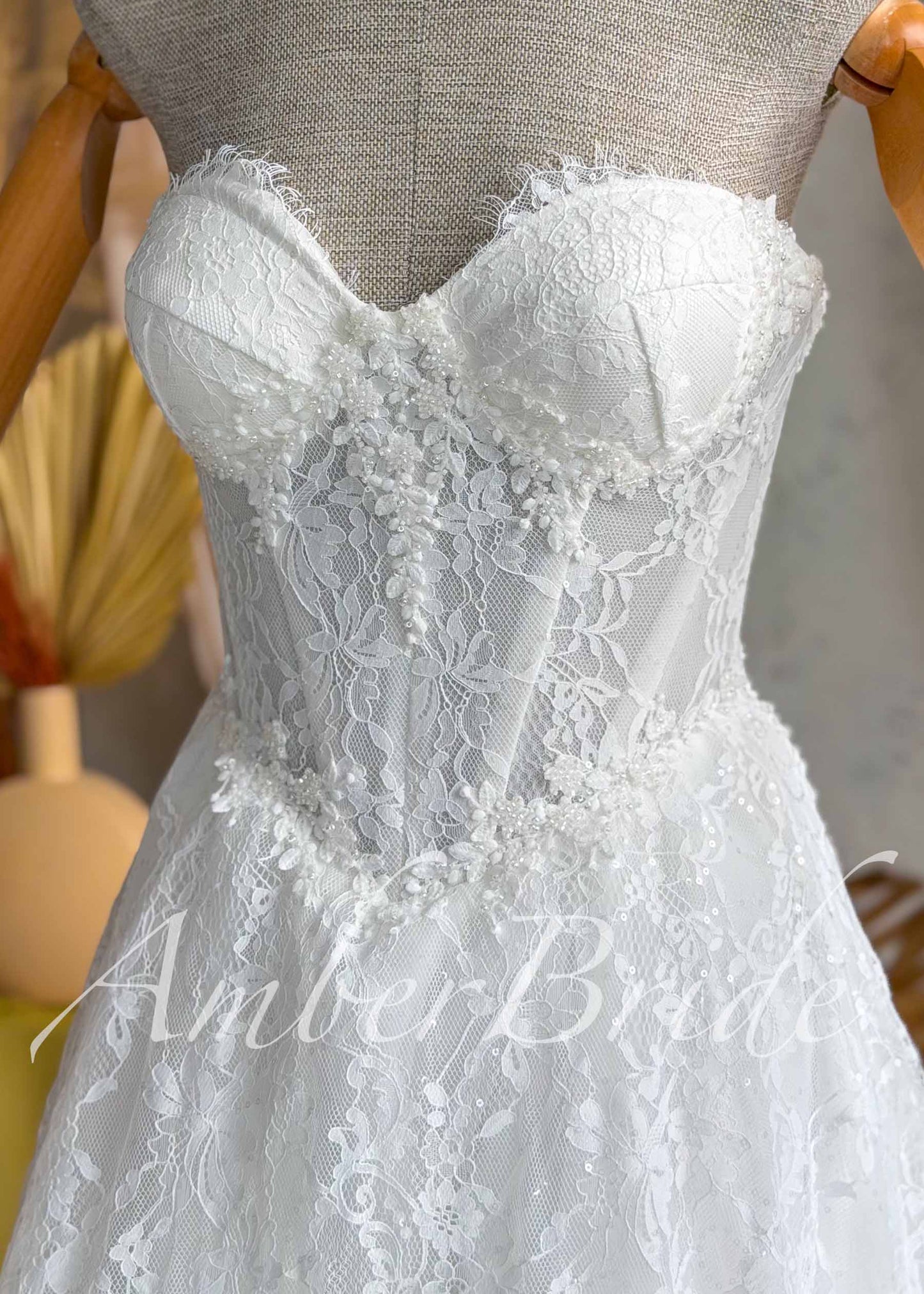 Full Lace A-Line Wedding Dress with Detachable Long Sleeve High Neck Bolero