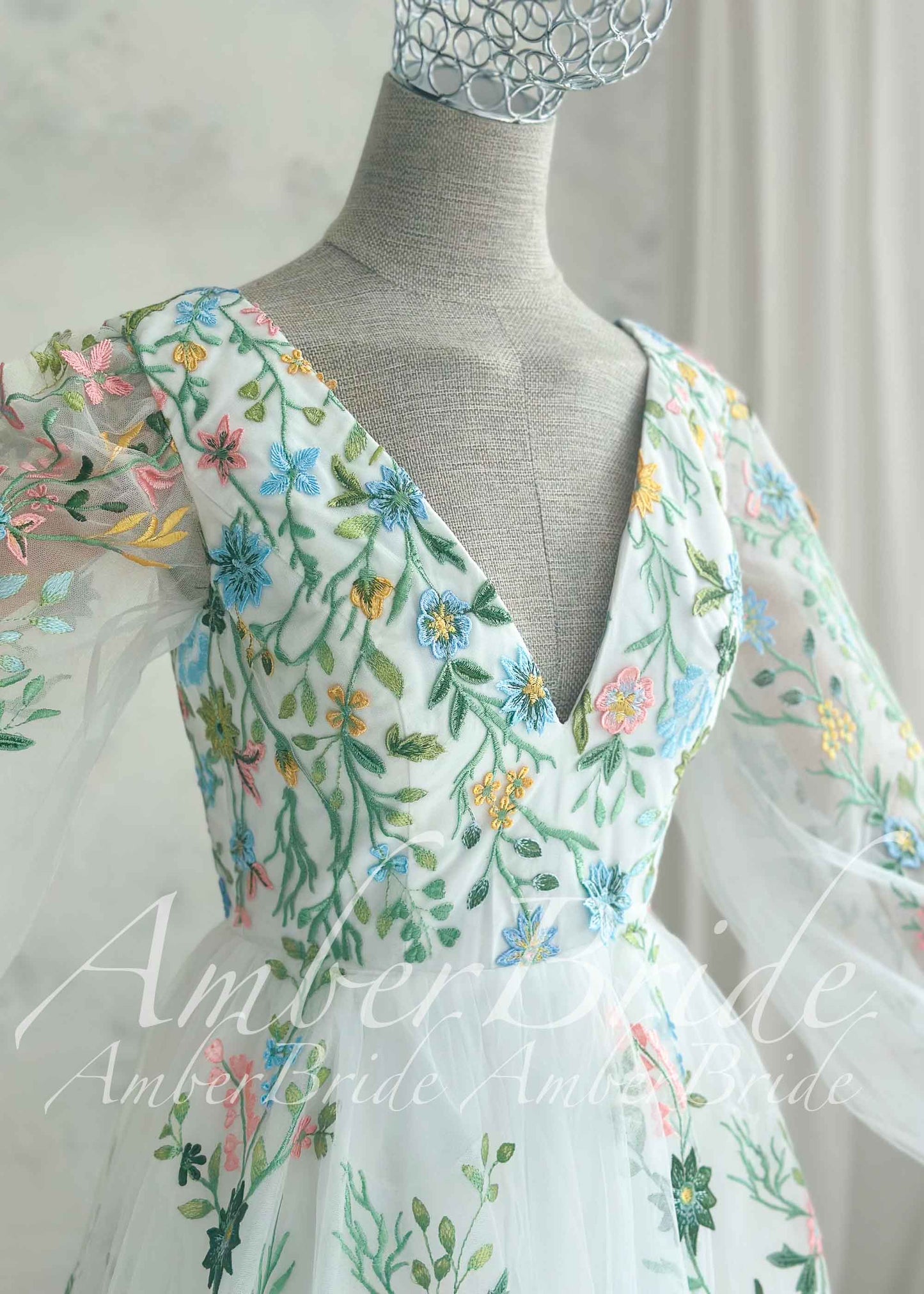 Fairy Tulle A-Line Wedding Dress with Pastel Wildflower Embroidery and Long Bishop Sleeves