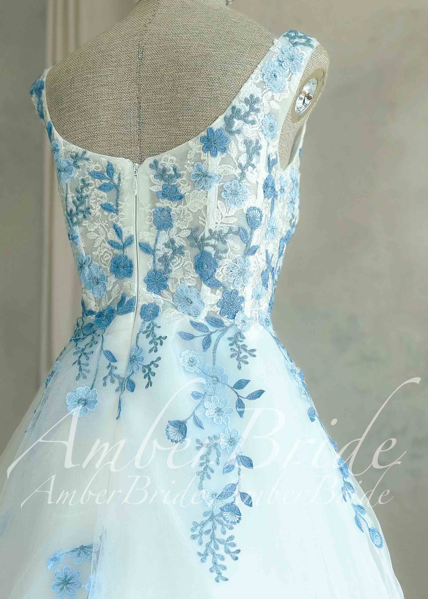 Off-White Tulle A-Line Wedding Dress with Blue Floral Embroidery and Sweetheart Neckline