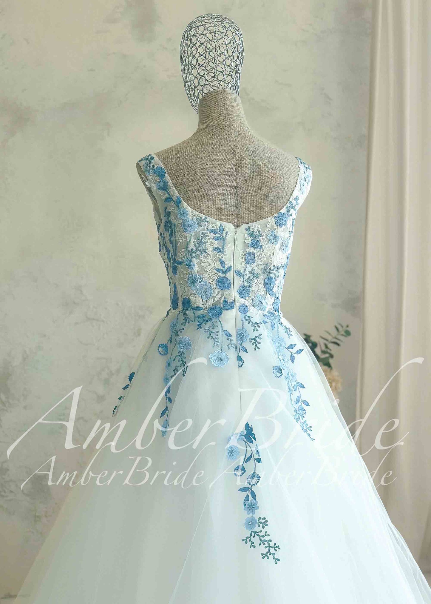Off-White Tulle A-Line Wedding Dress with Blue Floral Embroidery and Sweetheart Neckline
