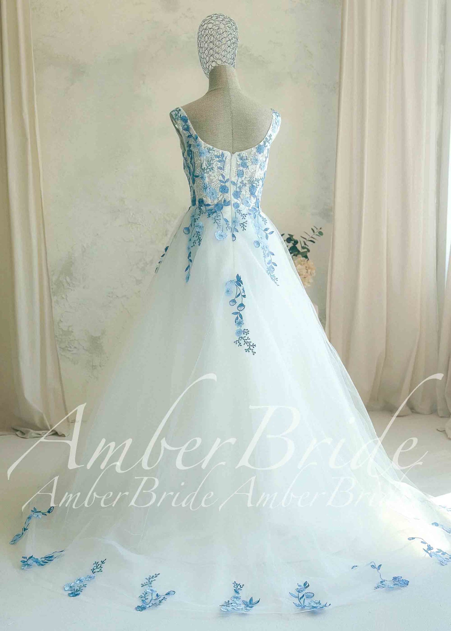 Off-White Tulle A-Line Wedding Dress with Blue Floral Embroidery and Sweetheart Neckline