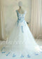 Off-White Tulle A-Line Wedding Dress with Blue Floral Embroidery and Sweetheart Neckline
