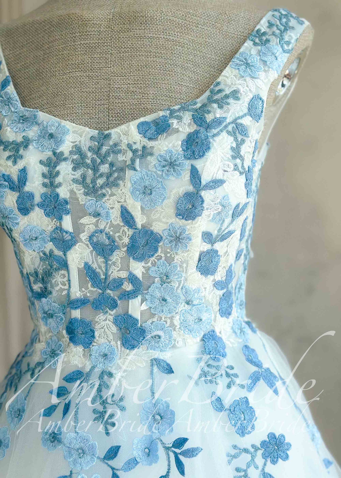 Off-White Tulle A-Line Wedding Dress with Blue Floral Embroidery and Sweetheart Neckline