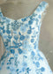 Off-White Tulle A-Line Wedding Dress with Blue Floral Embroidery and Sweetheart Neckline