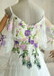Fairy Off-White Chiffon A-Line Wedding Dress with Colorful Floral Embroidery and Off-Shoulder Straps