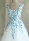 Off-White Tulle A-Line Wedding Dress with Blue Floral Embroidery and Sweetheart Neckline