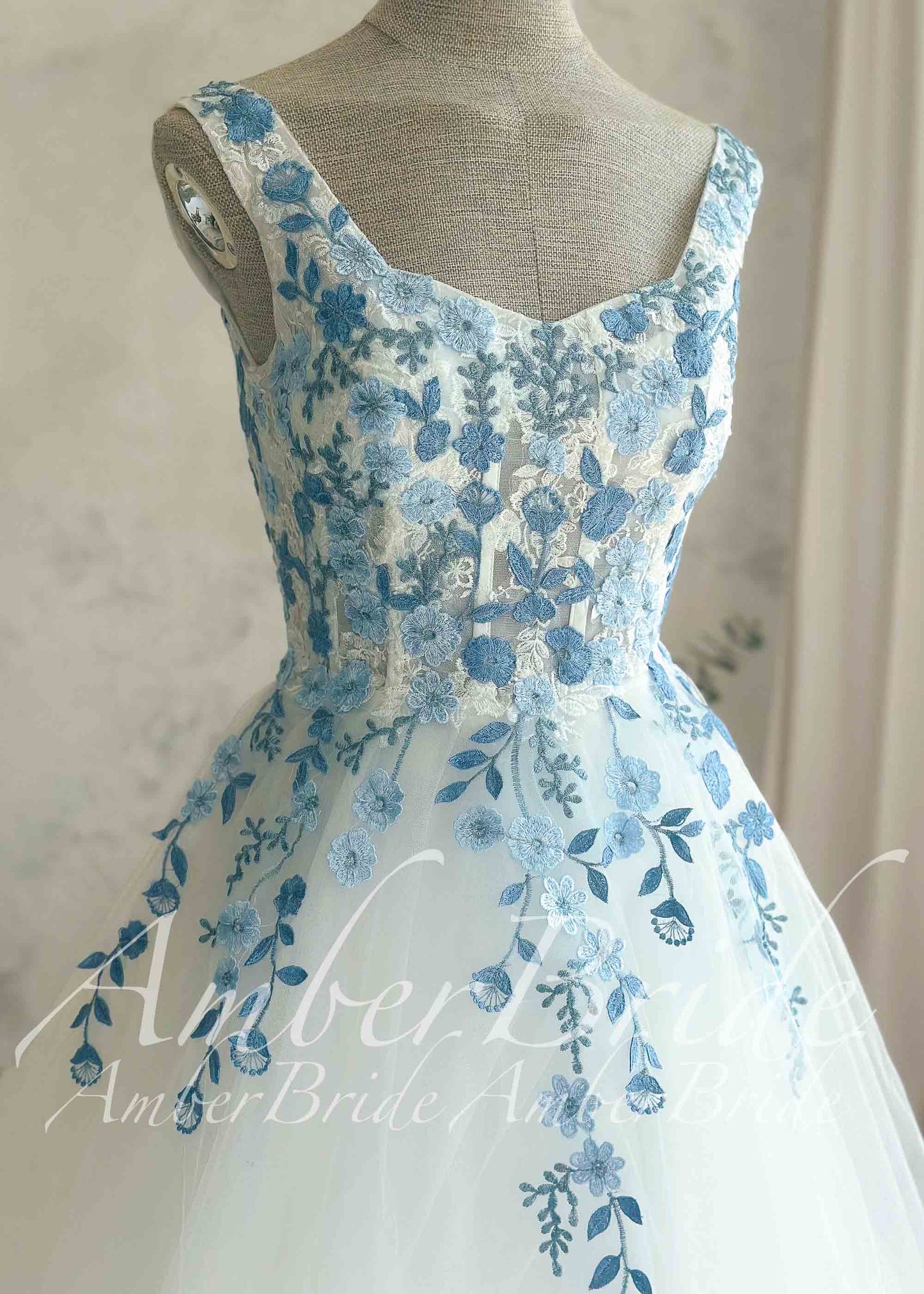 Off-White Tulle A-Line Wedding Dress with Blue Floral Embroidery and Sweetheart Neckline