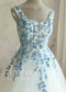 Off-White Tulle A-Line Wedding Dress with Blue Floral Embroidery and Sweetheart Neckline