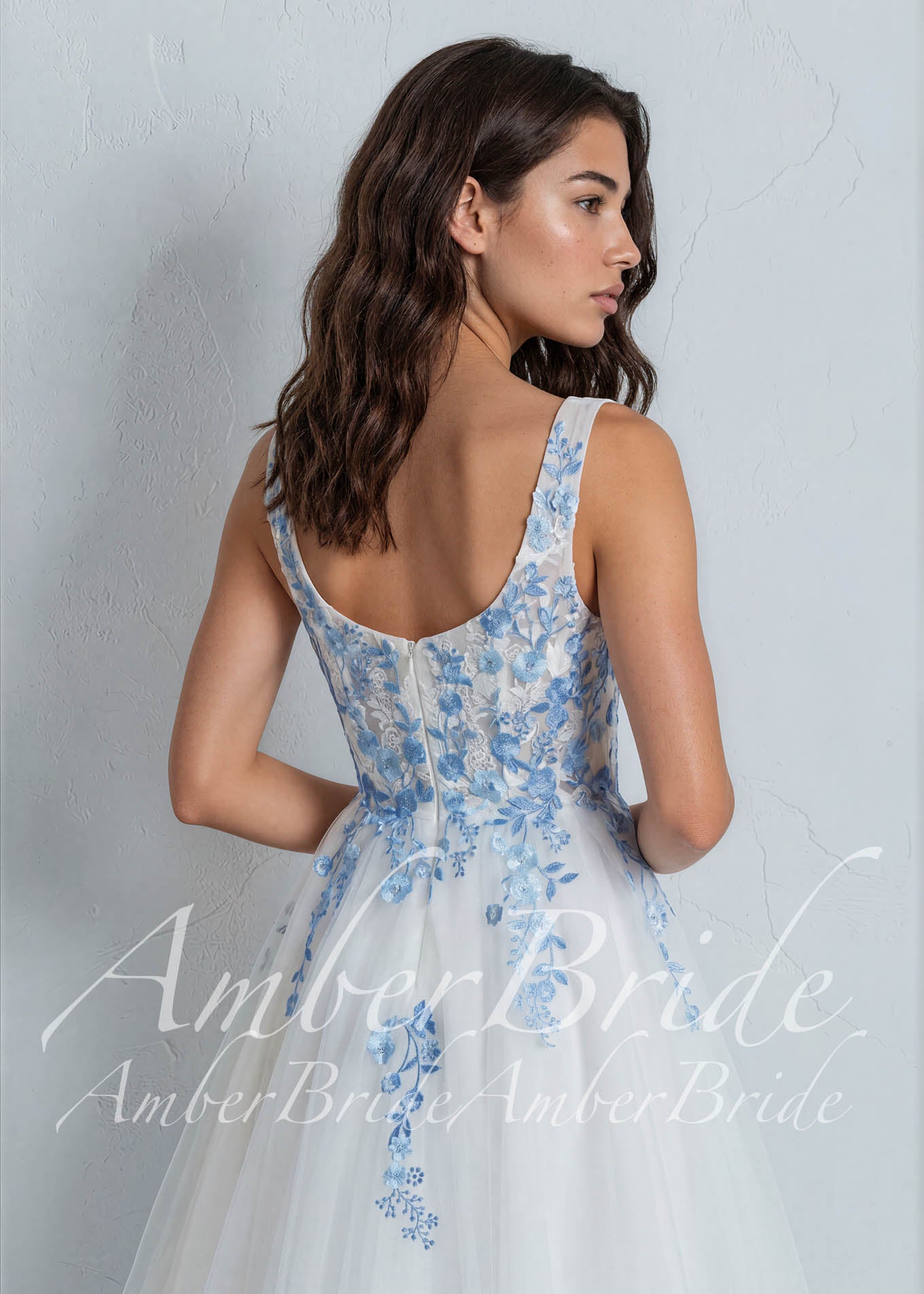 Off-White Tulle A-Line Wedding Dress with Blue Floral Embroidery and Sweetheart Neckline