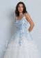 Off-White Tulle A-Line Wedding Dress with Blue Floral Embroidery and Sweetheart Neckline