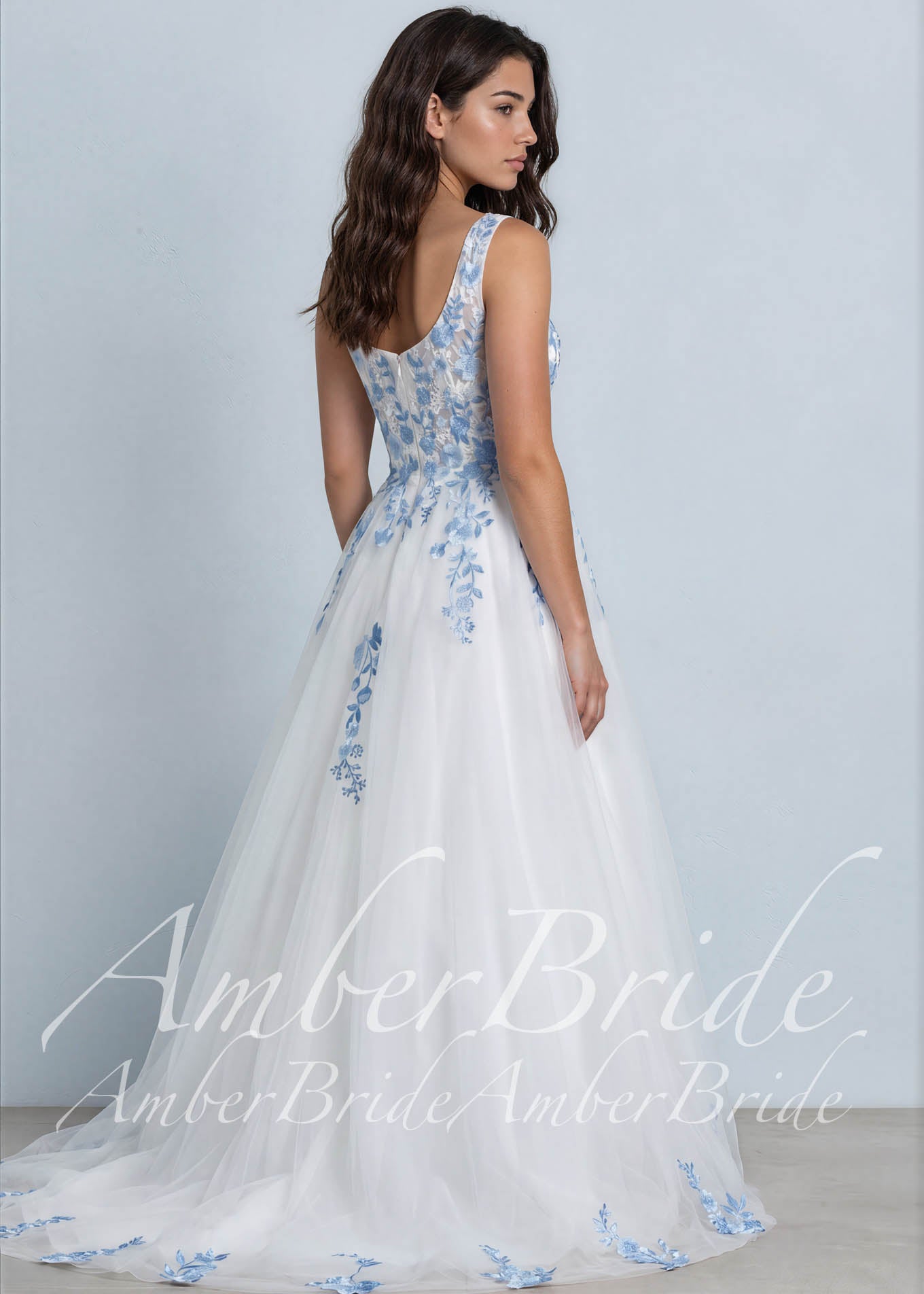 Off-White Tulle A-Line Wedding Dress with Blue Floral Embroidery and Sweetheart Neckline