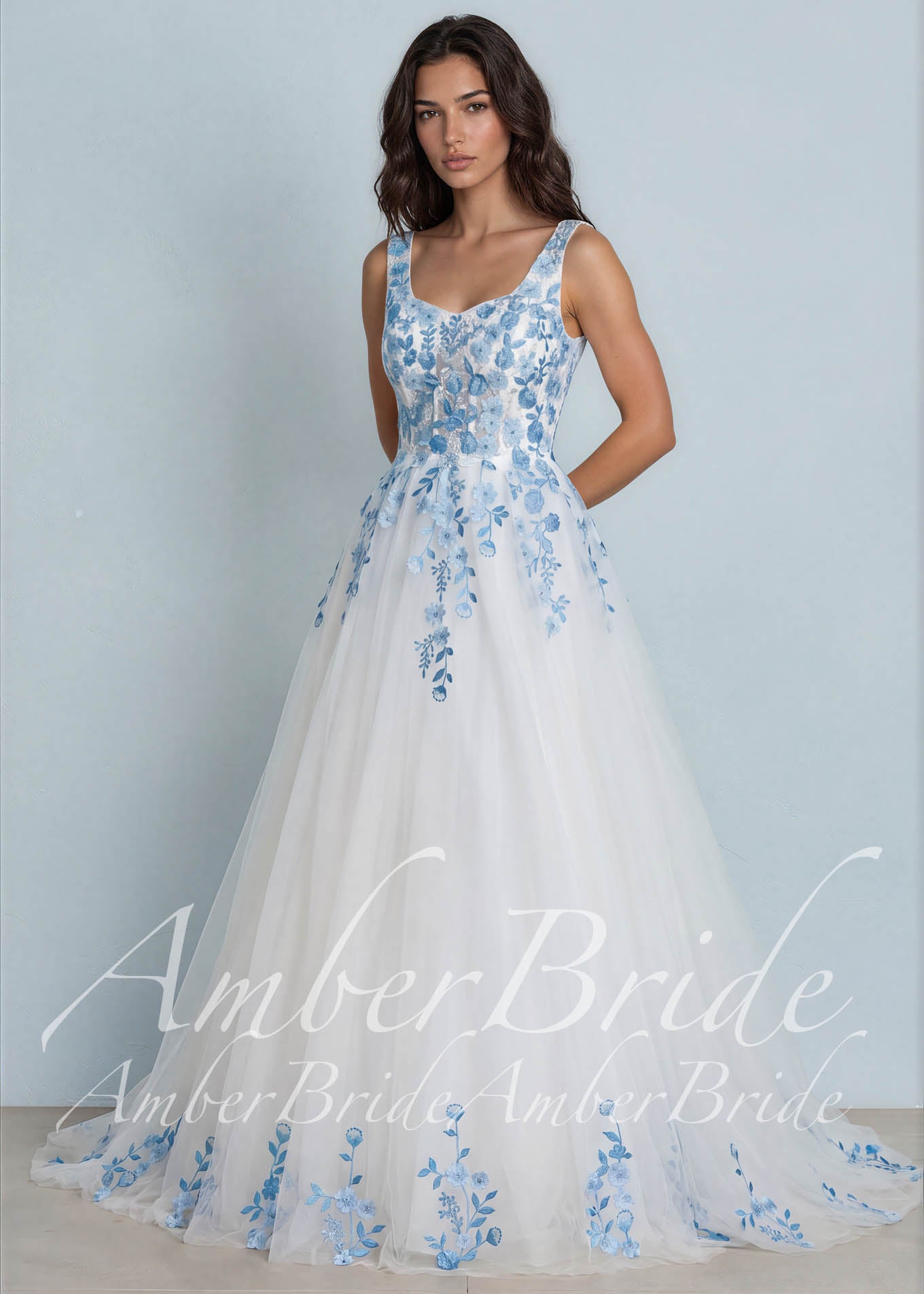 Off-White Tulle A-Line Wedding Dress with Blue Floral Embroidery and Sweetheart Neckline