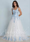 Off-White Tulle A-Line Wedding Dress with Blue Floral Embroidery and Sweetheart Neckline