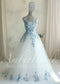 Off-White Tulle A-Line Wedding Dress with Blue Floral Embroidery and Sweetheart Neckline