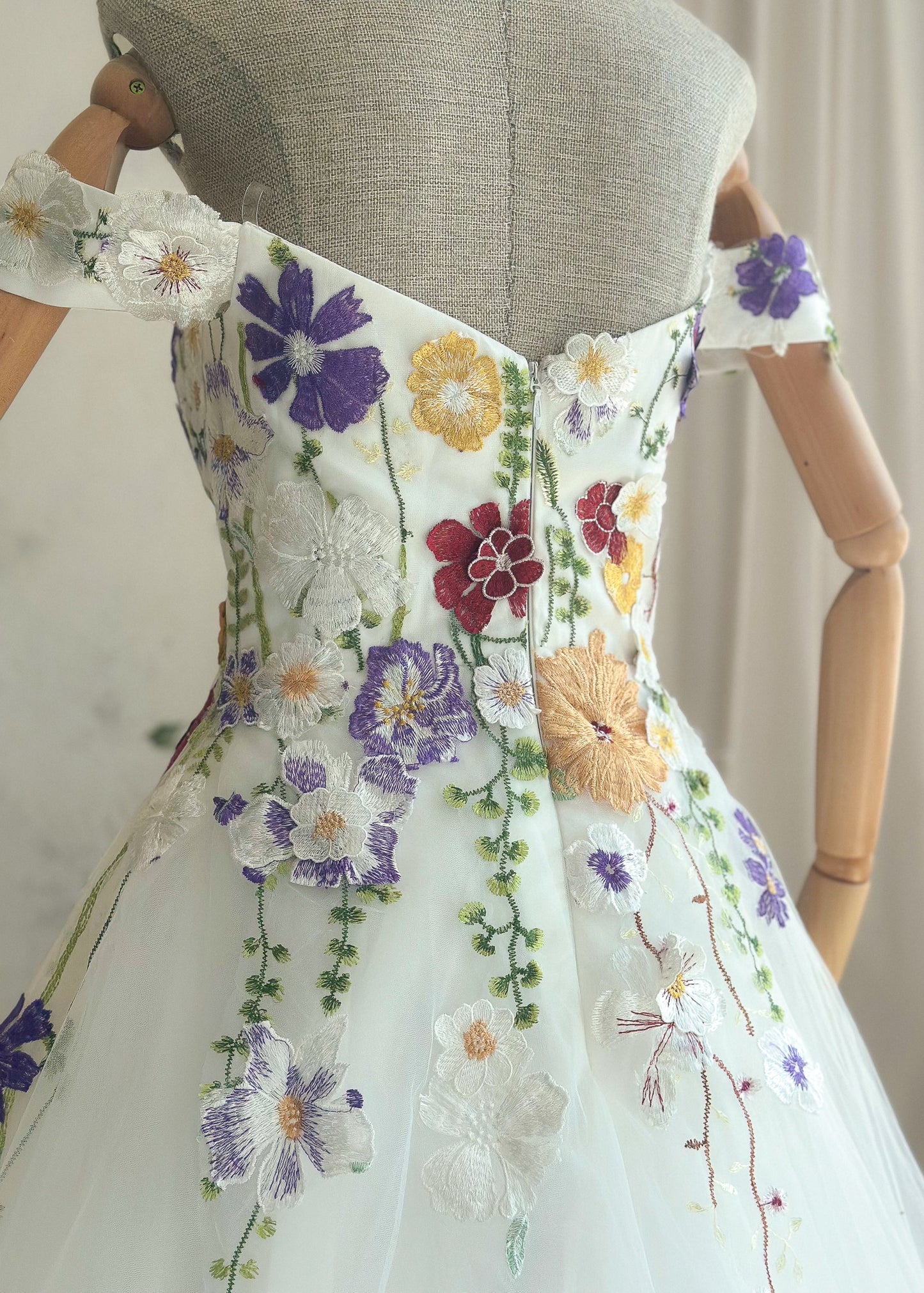 Off-Shoulder Colorful Floral A-Line Wedding Dress with 3D Wildflower Embroidery