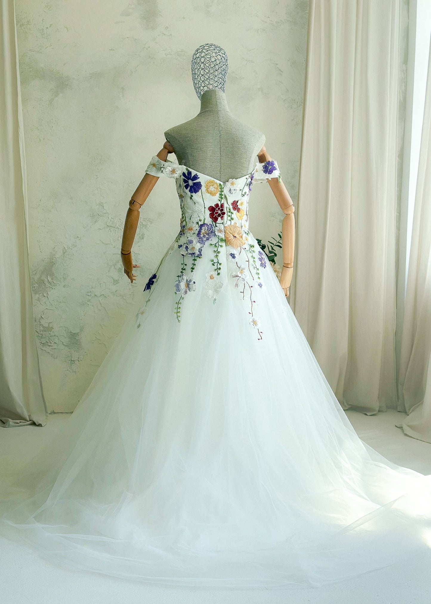 Off-Shoulder Colorful Floral A-Line Wedding Dress with 3D Wildflower Embroidery