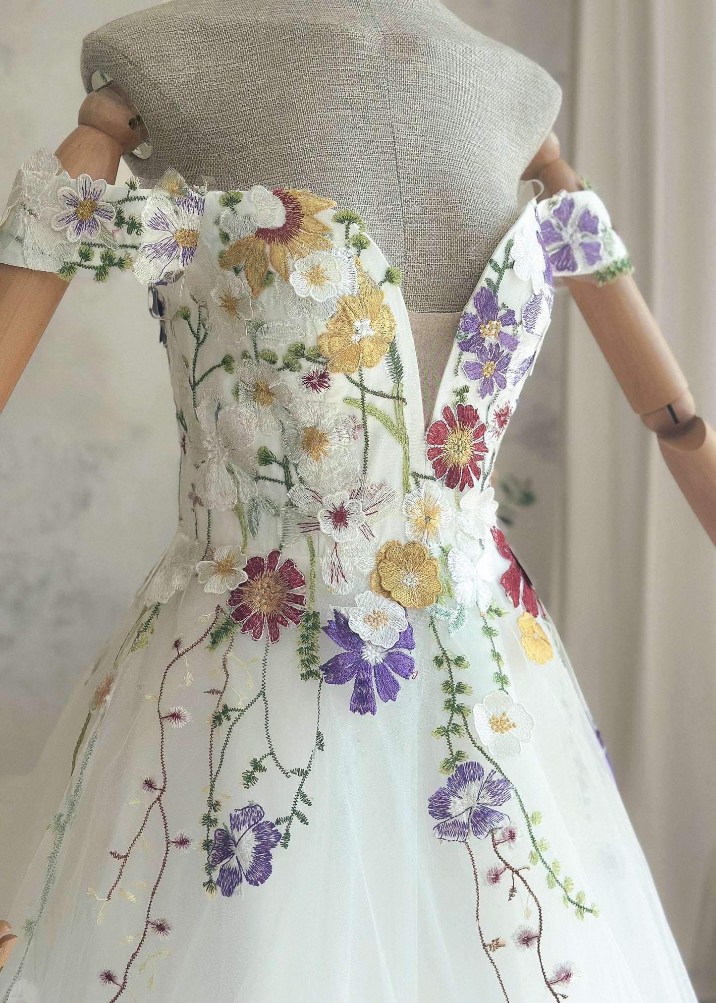 Off-Shoulder Colorful Floral A-Line Wedding Dress with 3D Wildflower Embroidery