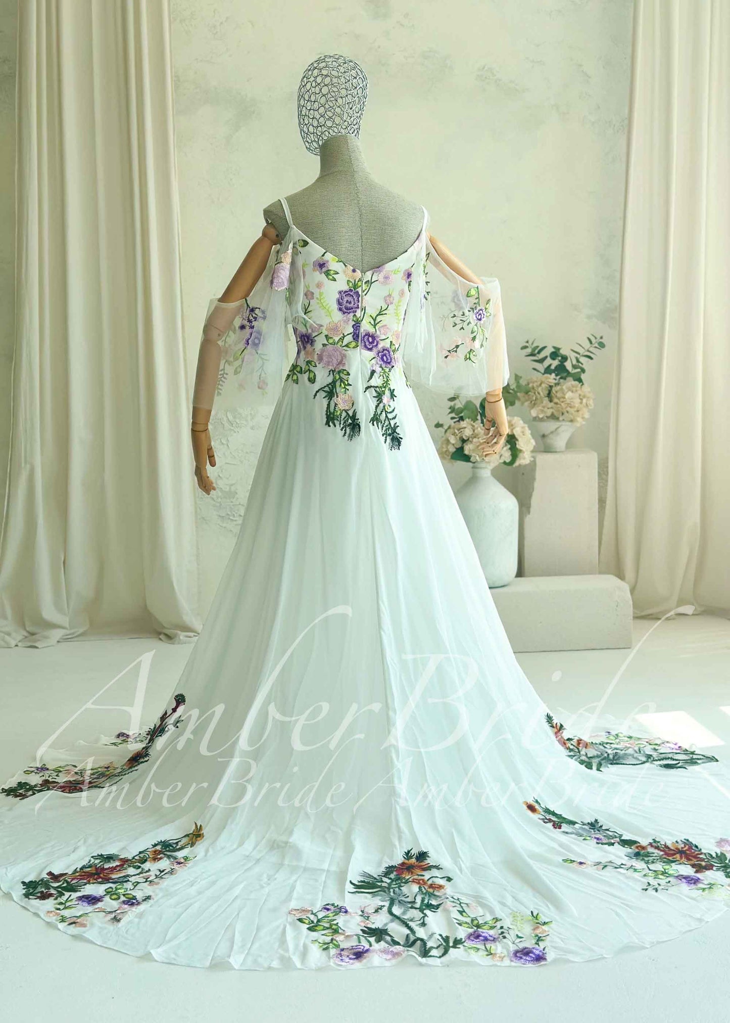 Fairy Off-White Chiffon A-Line Wedding Dress with Colorful Floral Embroidery and Off-Shoulder Straps