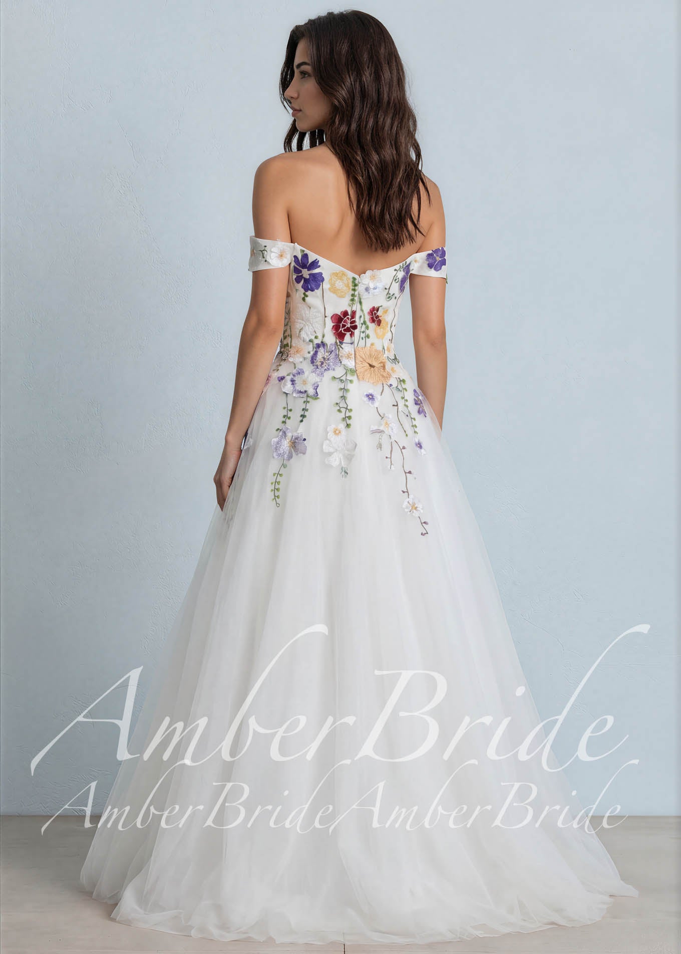 Off-Shoulder Colorful Floral A-Line Wedding Dress with 3D Wildflower Embroidery
