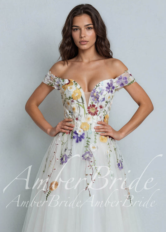 Off-Shoulder Colorful Floral A-Line Wedding Dress with 3D Wildflower Embroidery
