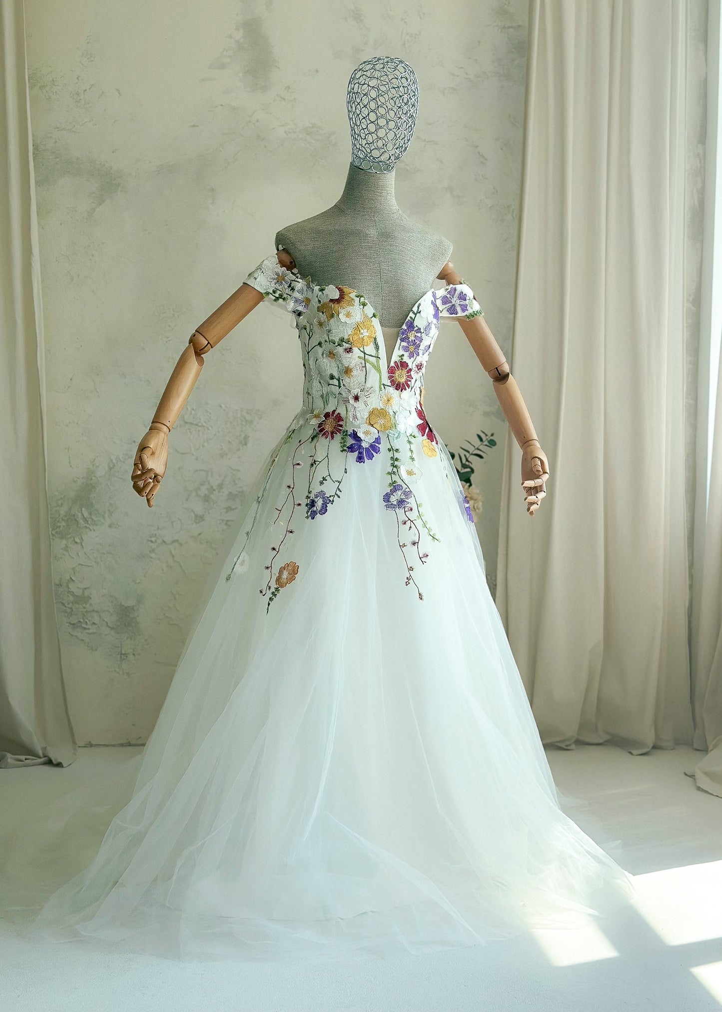 Off-Shoulder Colorful Floral A-Line Wedding Dress with 3D Wildflower Embroidery