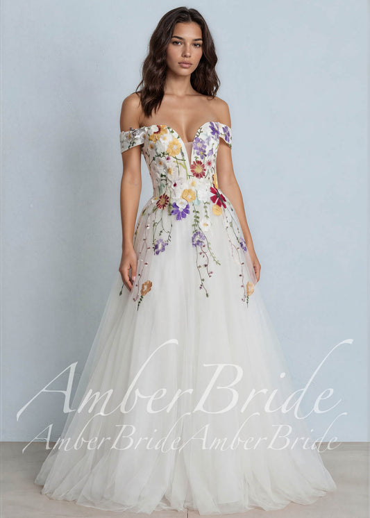 Off-Shoulder Colorful Floral A-Line Wedding Dress with 3D Wildflower Embroidery