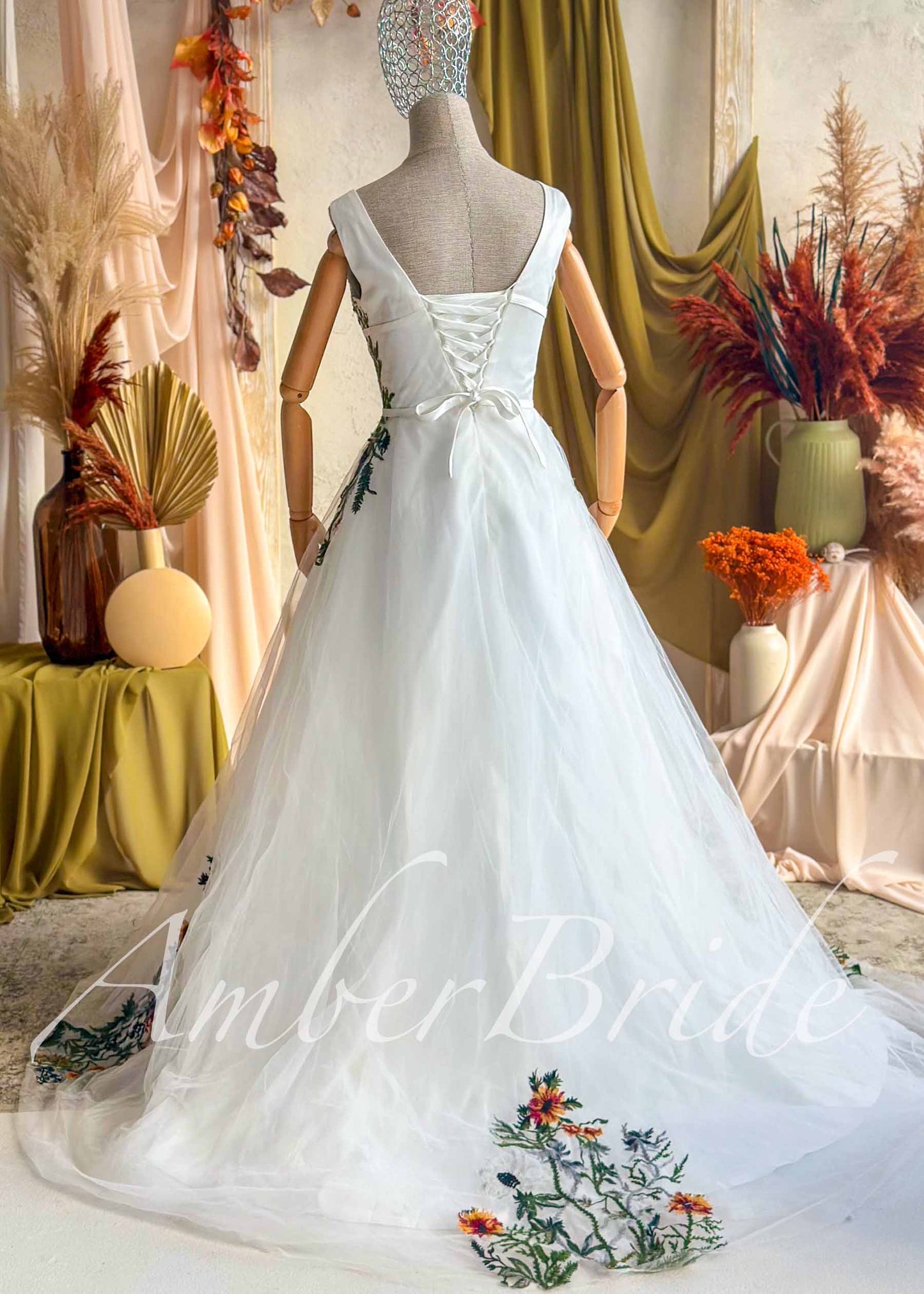 Wildflower Embroidered Tulle A-Line Wedding Dress with V-Neck and Open Back