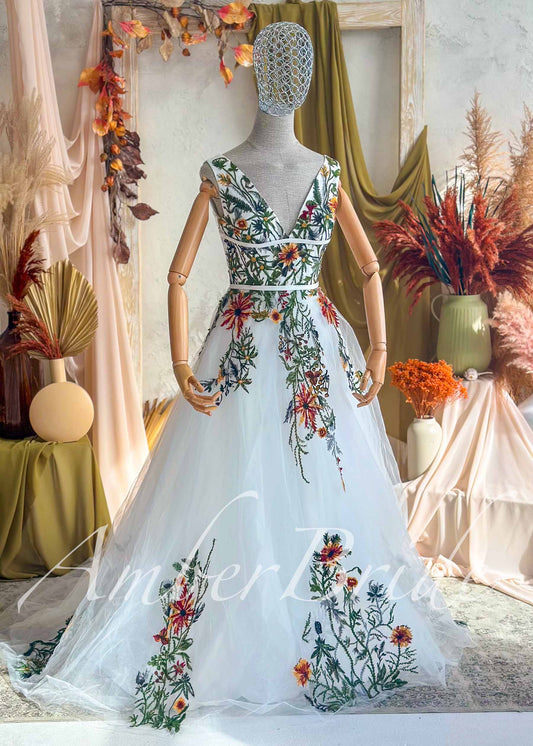 Wildflower Embroidered Tulle A-Line Wedding Dress with V-Neck and Open Back