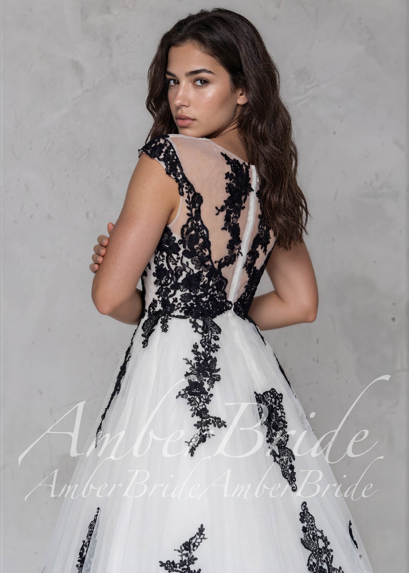 Black Lace Wedding Dress, A-Line Tulle Gothic Bridal Gown with Cap Sleeves and Long Train