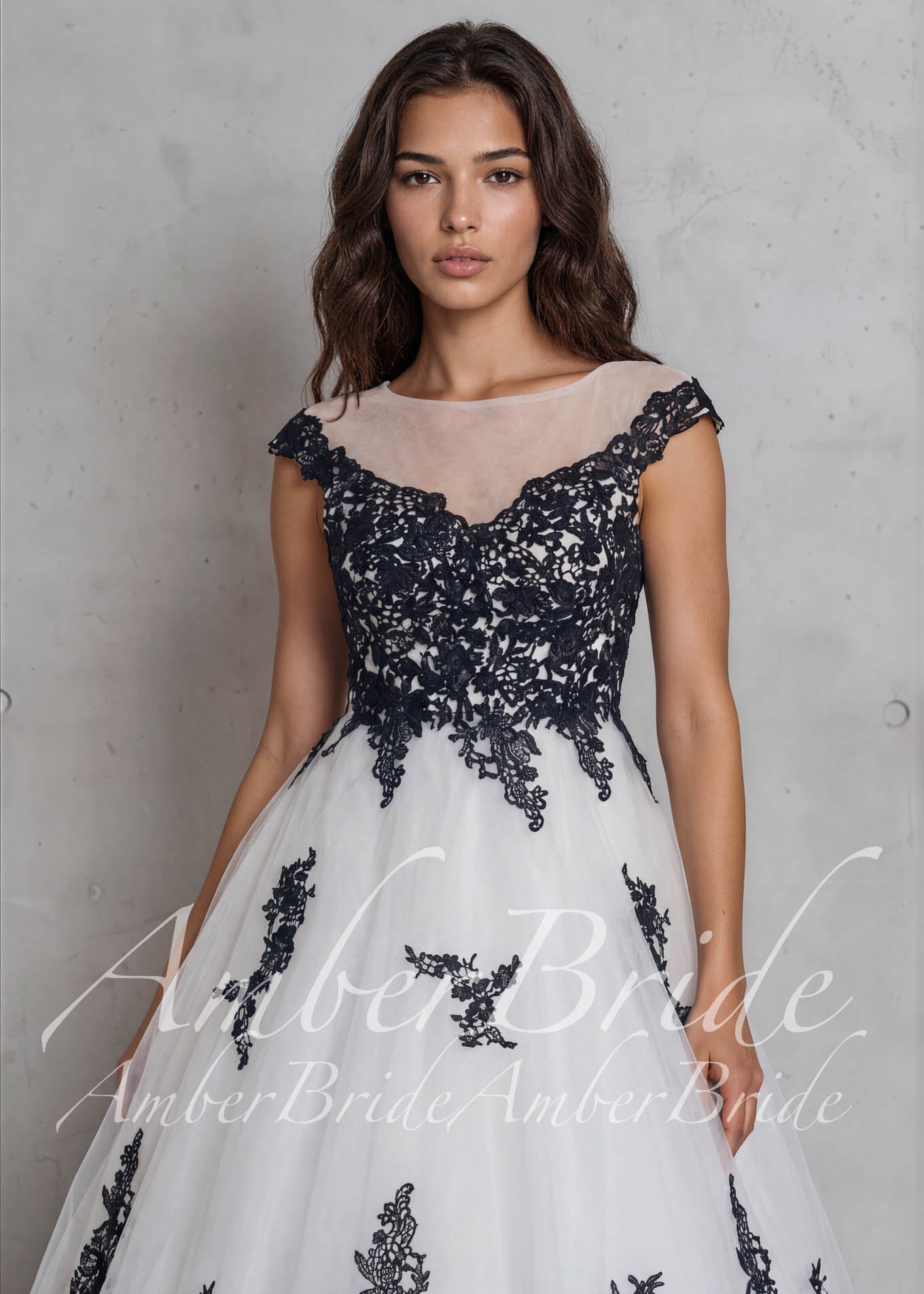 Black Lace Wedding Dress, A-Line Tulle Gothic Bridal Gown with Cap Sleeves and Long Train