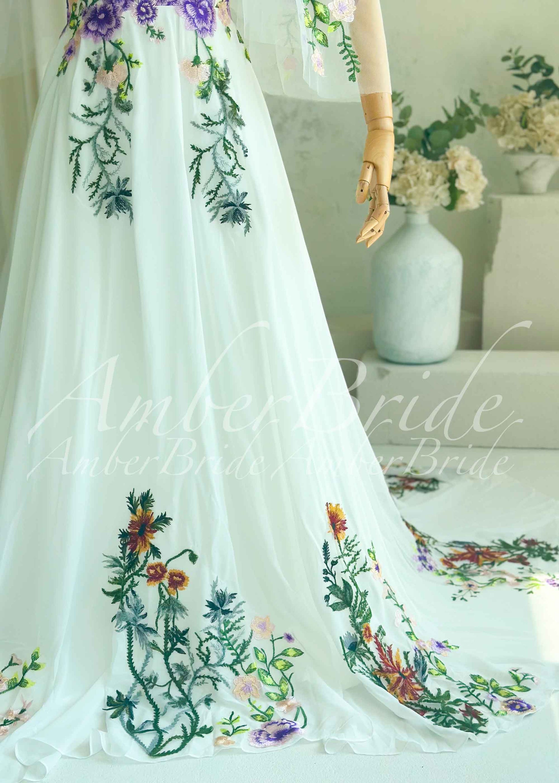 white dress with green embroidery White Long Tulle Prom Dress with Pockets Meadow Green Leaf Appliques Y Viniodress